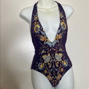 Purple and Blue floral One Piece Swimsuit with Elegant Design